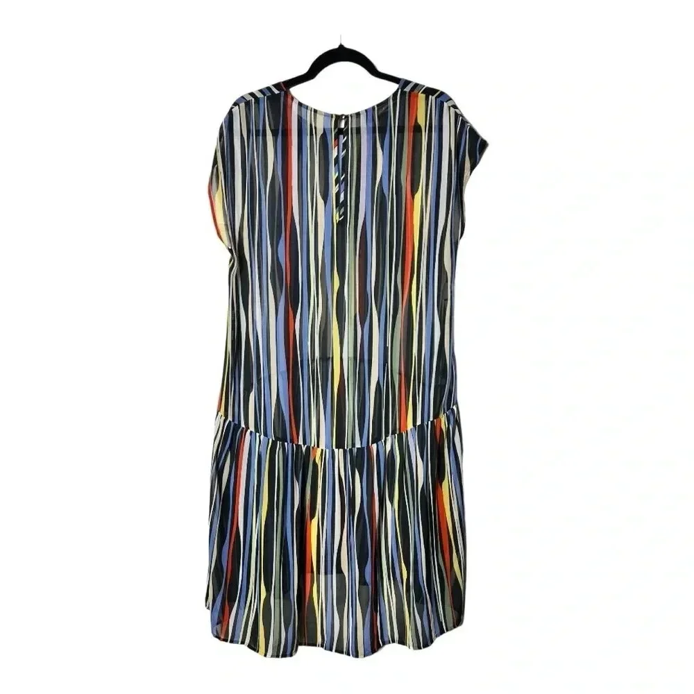 1911. ANNE KLEIN STRIPED SHORT SLEEVE COVERUP/OVERLAY DRESS HI LOW‎ BOTTOM SZ 10